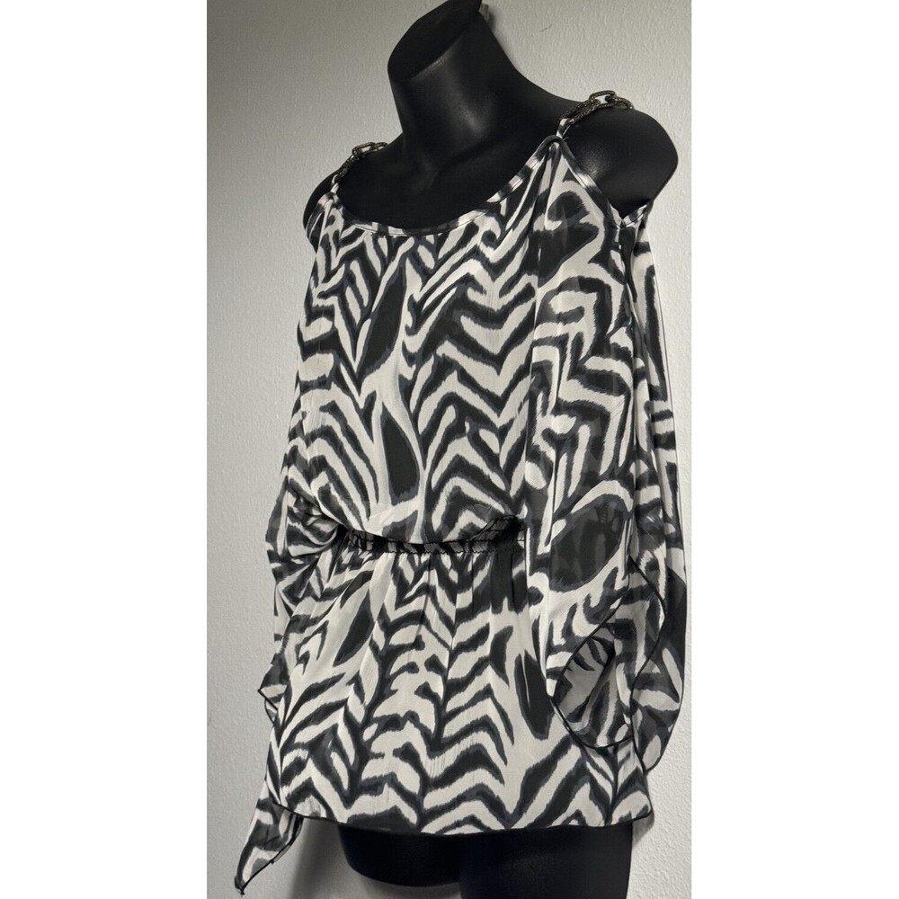 Vintage Bella Black/White Print Shirt Blouse Open Shoulder Chain Strap Sz S